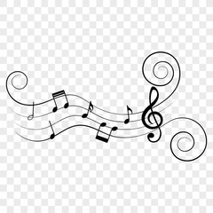 Music notes on wavy lines with swirl, vector illustration.