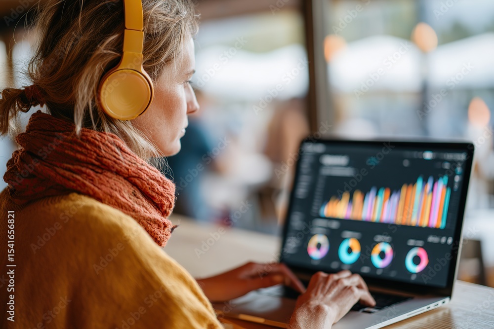 Poster woman coding on laptop at a cafe with vibrant data visualizations displayed on screen