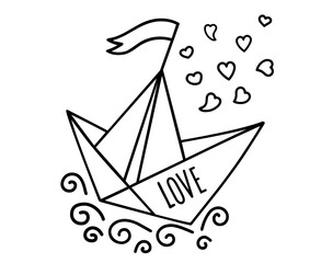 Paper Boat with Love Inscription, Flag, and Hearts Floating on Water. Symbolic Post-Wedding Tradition