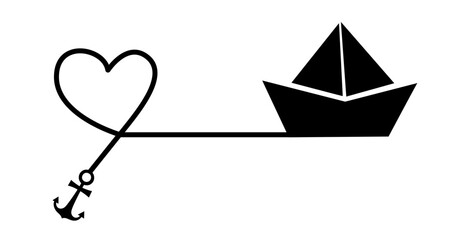 Black Silhouette of Paper Boat Connected to Heart and Anchor by a Single Line. Nautical Romance, Love, Emotional Journey, Long-Distance Relationships © OS