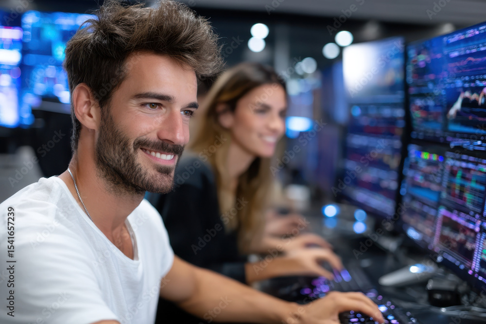 Poster traders actively working at desks with multiple monitors in a financial office