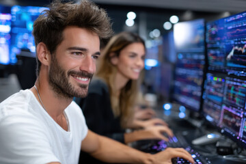 Traders actively working at desks with multiple monitors in a financial office