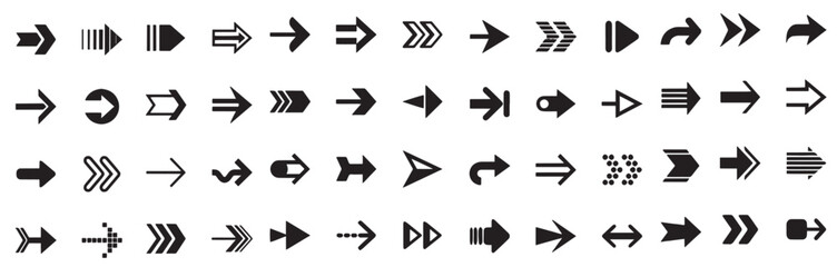 Arrow icon set. Arrow. Cursor. Collection different arrow signs. Black arrows icons. Different cursor arrow direction symbols in flat style.