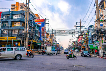 Busy Thailand Pattaya City Tourist Street Road Cars Motorbikes People.