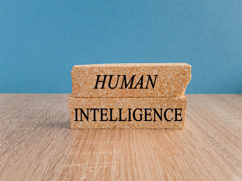 Human intelligence symbol. Concept word Human intelligence on brick blocks. Beautiful wooden table blue background. Business concept