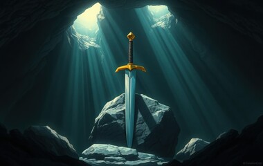 A majestic sword rests in a mystical cave.