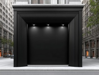 A striking minimalist black building featuring a smooth matte facade, a large glass entrance, and a single roller door.