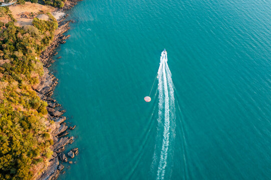 Aerial view of parasail and motorboat, Langkawi, Malaysia