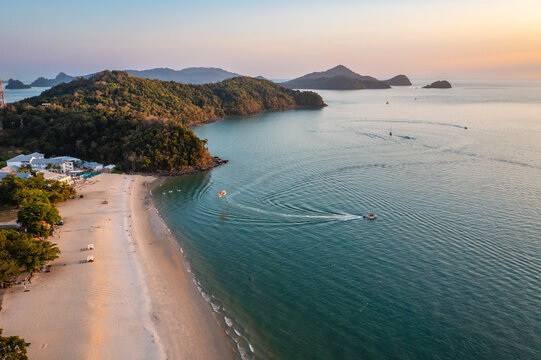 Aerial view of Pantai Cenang beach and islands at sunset, Langkawi, Malaysia