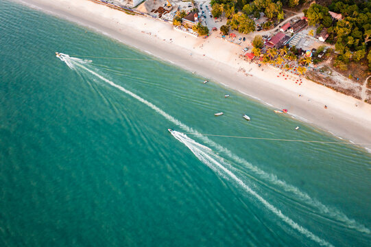 Aerial view of parasail and motor boat, Langkawi, Malaysia