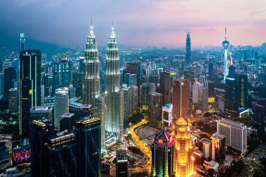 Aerial view of Kuala Lumpur skyline at night, Malaysia