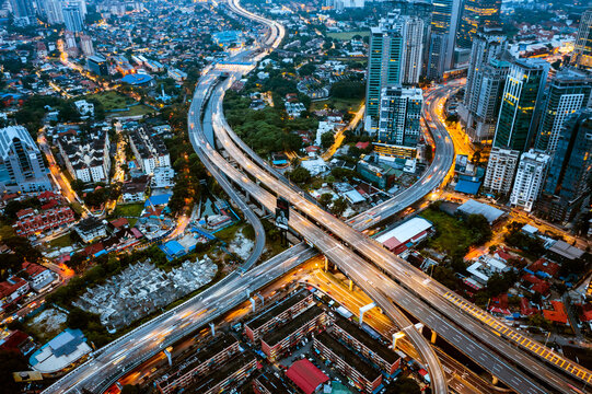Aerial view of highway intersection at night, Kuala Lumpur, Malaysia