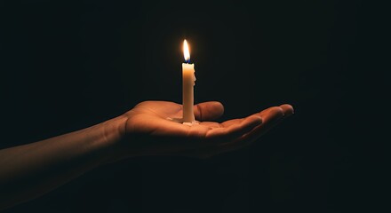 Hand Holding Burning Candle Against Dark Background Creating Warm Light