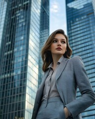 Woman in a business suit stands in front of a tall building
