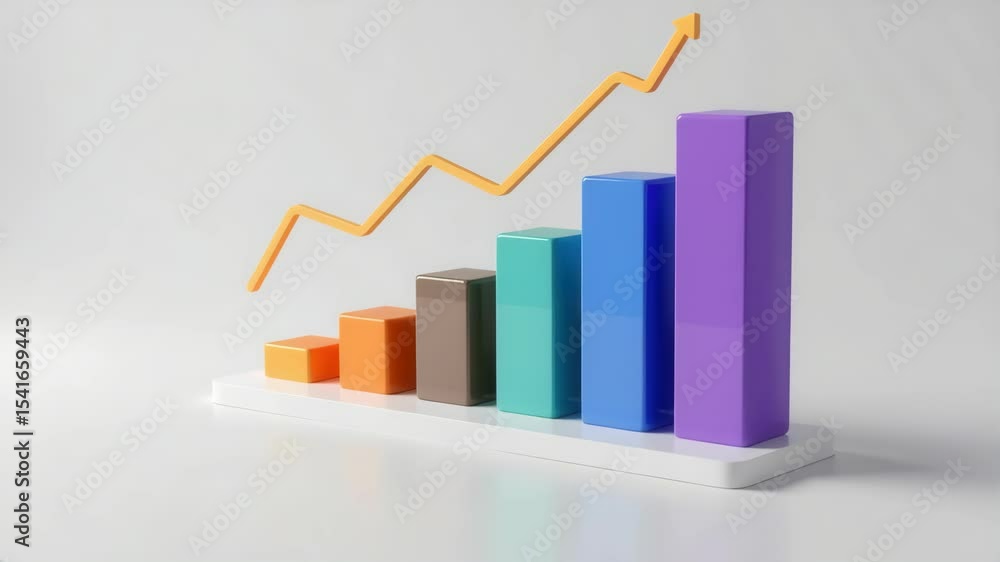 Poster a colorful 3d bar chart with an upward trending line on a light background, representing growth and 