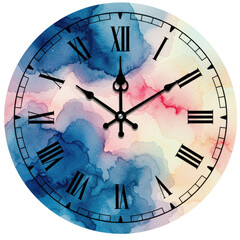 A beautifully designed watercolor clock with Roman numerals against a colorful abstract background