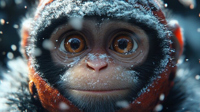 A close-up of a primate wearing a hooded garment, covered in snowflakes against a snowy background. - Powered by Adobe