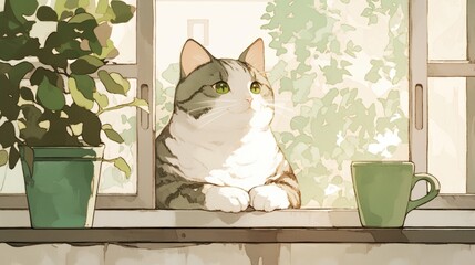 A serene tabby cat lounges on a windowsill, bathed in soft sunlight, with a potted plant and a mug nearby.
