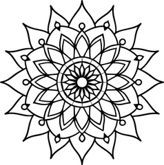Modern mandala in thin black lines with sacred symmetry pattern