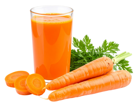 Carrot Juice and Fresh Carrots: A refreshing glass of bright orange carrot juice is presented alongside two whole carrots and sliced carrot pieces, creating a vibrant and healthy image.