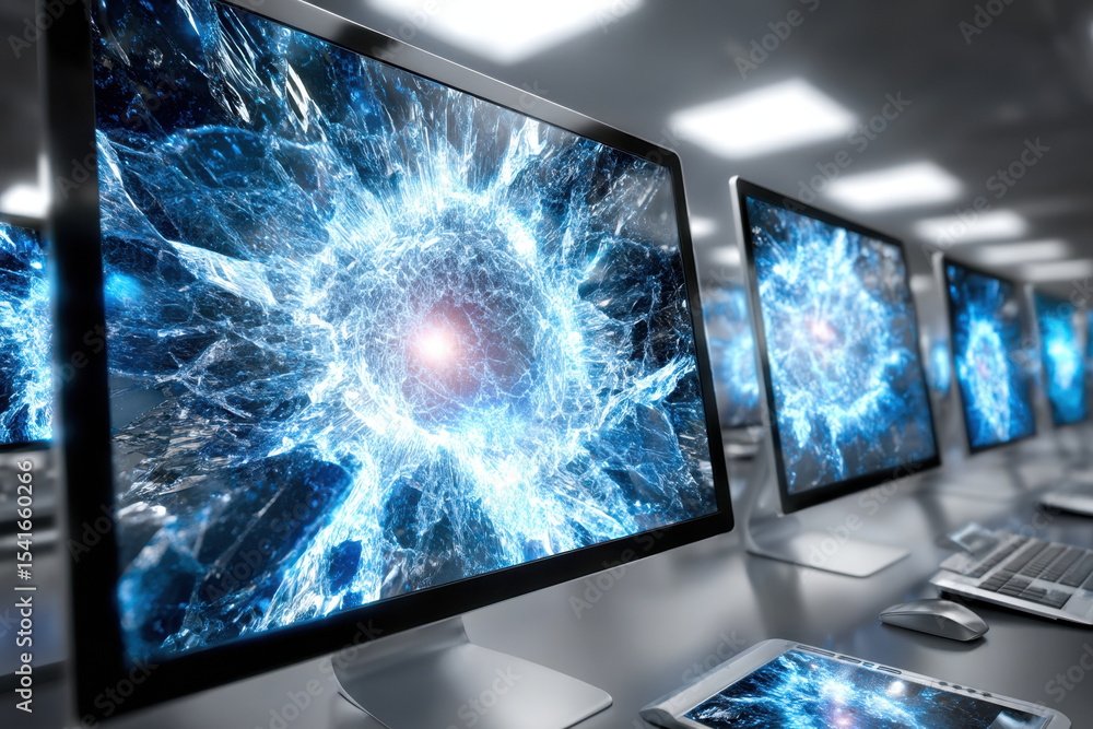 Fototapete modern computer workstation featuring dynamic digital artwork in a well-lit environment