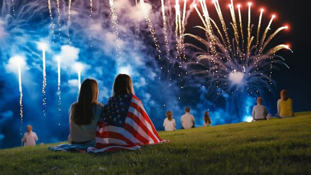 Fourth of July celebration in the USA Independence Day. Two girls wrapped in a flag
