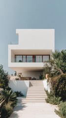 Fototapeta premium Modern white house with minimalist design and surrounding greenery