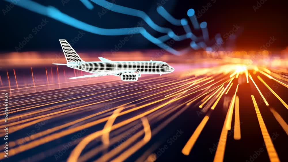 Poster digital wireframe aircraft soaring through glowing and paths, visualizing advanced air freight routi