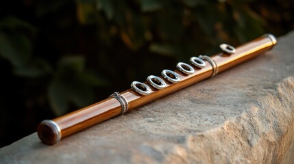 Naklejka premium Outdoor close-up of a bamboo flute resting on stone