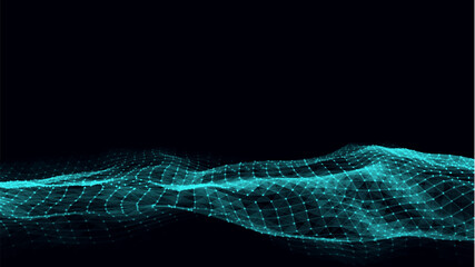 Abstract vector technology blue wave with motion glowing dots. Dark cyberspace in digital background. Connection big data. Futuristic wireframe texture. Dynamic analysis a network connection.