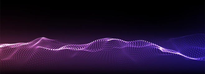 Abstract vector technology colors wave with motion glowing dots. Dark cyberspace in digital background. Connection big data. Futuristic wireframe texture. Dynamic analysis a network connection.