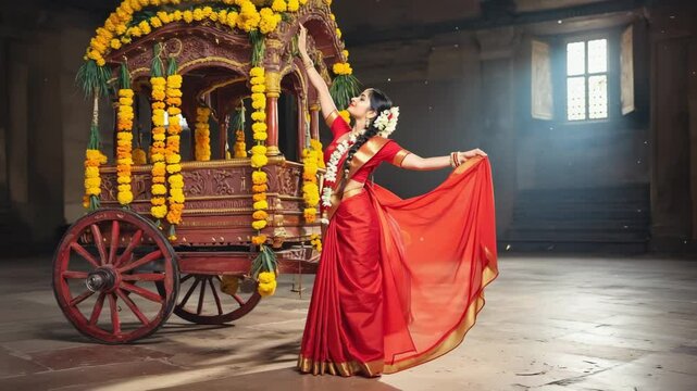 A young Indian woman in traditional saree dances joyfully near a decorated chariot during the vibrant Ratha Yatra festival