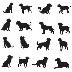 Vector set of different dog breed silhouette isolated on white background. American puppy or pet animal clip art. Wild dog doodle sketch or line art. Black dog different funny activity symbol or icon.