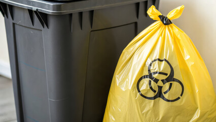 Yellow biohazard waste bag tied and placed next to a black trash bin, indicating medical or hazardous waste disposal.