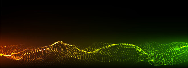 Abstract vector technology colors wave with motion glowing dots. Dark cyberspace in digital background. Connection big data. Futuristic wireframe texture. Dynamic analysis a network connection.