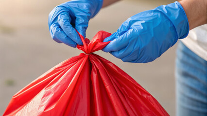 A person wearing blue gloves ties a red plastic bag, indicating careful handling of waste or materials.