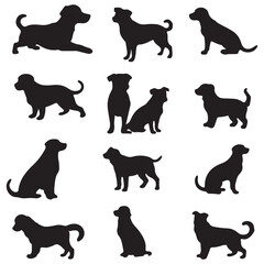Vector set of different dog breed silhouette isolated on white background. American puppy or pet animal clip art. Wild dog doodle sketch or line art. Black dog different funny activity symbol or icon.