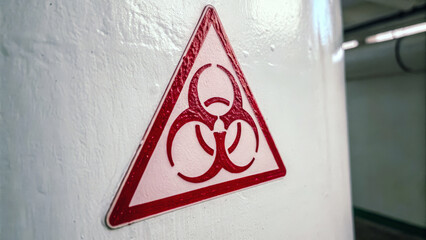 A red biohazard warning symbol displayed on a white cylindrical surface in an industrial or laboratory setting.