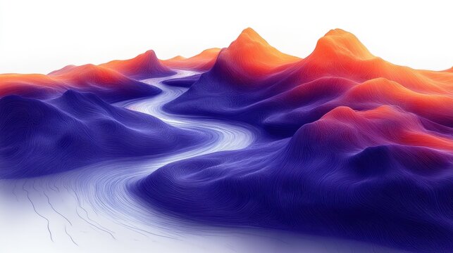 Abstract Landscape with Winding Path Through Colorful Hills