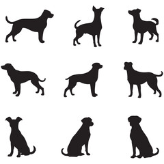 Vector set of different dog breed silhouette isolated on white background. American puppy or pet animal clip art. Wild dog doodle sketch or line art. Black dog different funny activity symbol or icon.