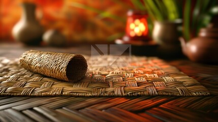 Woven straw cone on a woven placemat, warm interior setting