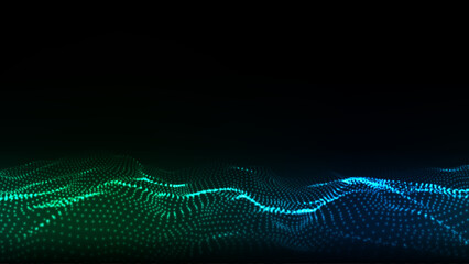 Abstract vector technology colors wave with motion glowing dots. Dark cyberspace in digital background. Connection big data. Futuristic wireframe texture. Dynamic analysis a network connection.