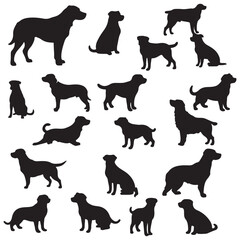 Vector set of different dog breed silhouette isolated on white background. American puppy or pet animal clip art. Wild dog doodle sketch or line art. Black dog different funny activity symbol or icon.