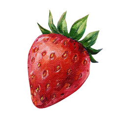 Strawberry acrylic painting on canvas with green leaves on white background for kitchen prints and summer fruit decor