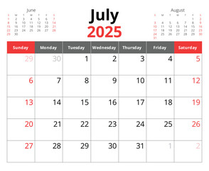 2025 july calendar. A vector English monthly