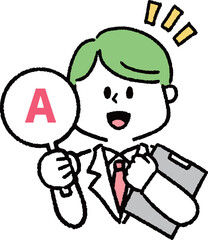 アンサーマークを持つ白衣を着た男性