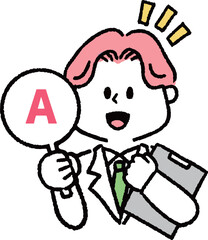 アンサーマークを持つ白衣を着た男性