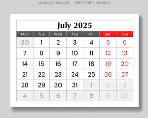 2025 july calendar. Vector English monthly page. Monday start