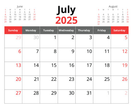 2025 july calendar. A vector English monthly - Powered by Adobe