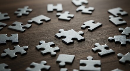 Scattered Puzzle Pieces on Wood Surface Concept of Problem Solving